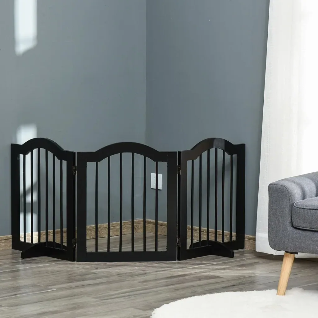 Dog barrier gate, protective gate, dog gate, configuration gate, 3-part, with two support feet, stable and foldable, suitable for