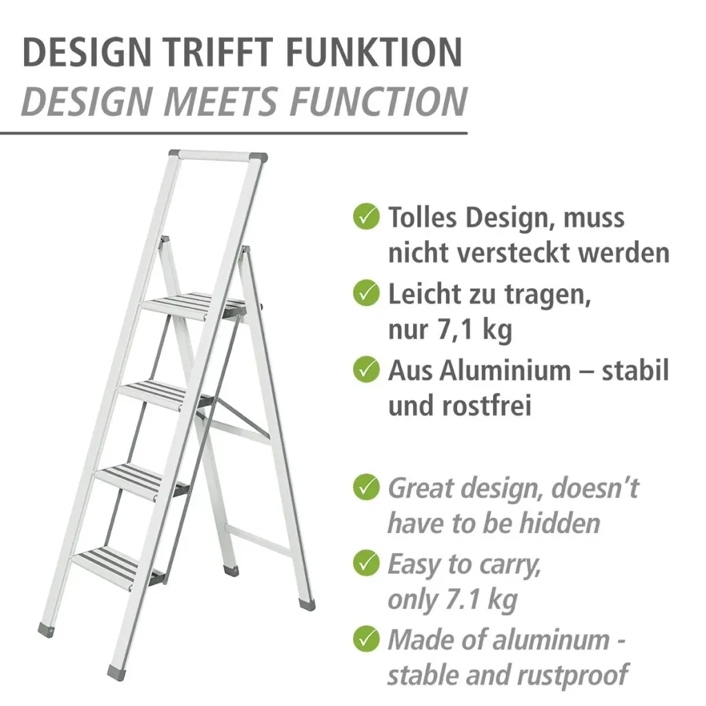Aluminium design folding stepladder 1-step white, non-slip household ladder, safety stepladder