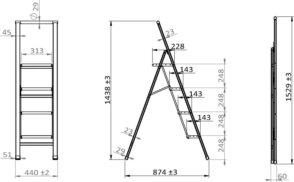 Aluminium design folding stepladder 1-step white, non-slip household ladder, safety stepladder