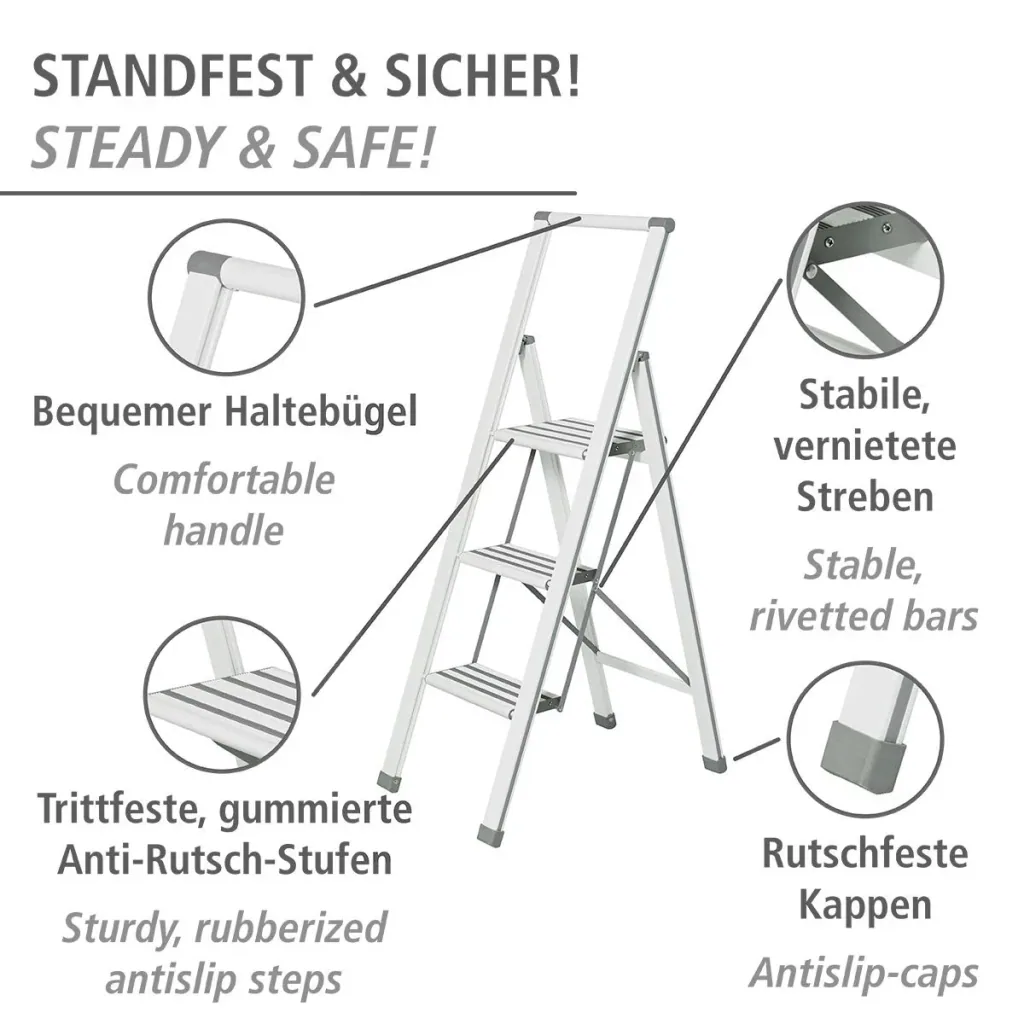 Aluminium design folding stepladder 1-step white, non-slip household ladder, safety stepladder