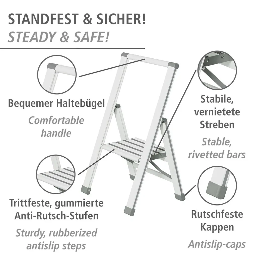 Aluminium design folding stepladder 1-step white, non-slip household ladder, safety stepladder