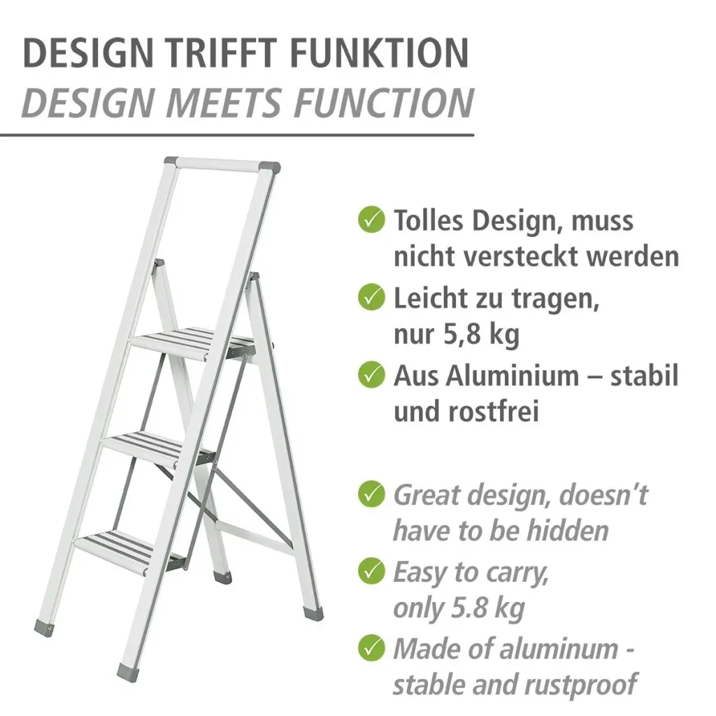 Aluminium design folding stepladder 1-step white, non-slip household ladder, safety stepladder