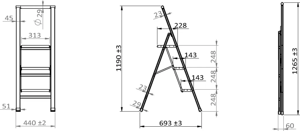Aluminium design folding stepladder 1-step white, non-slip household ladder, safety stepladder