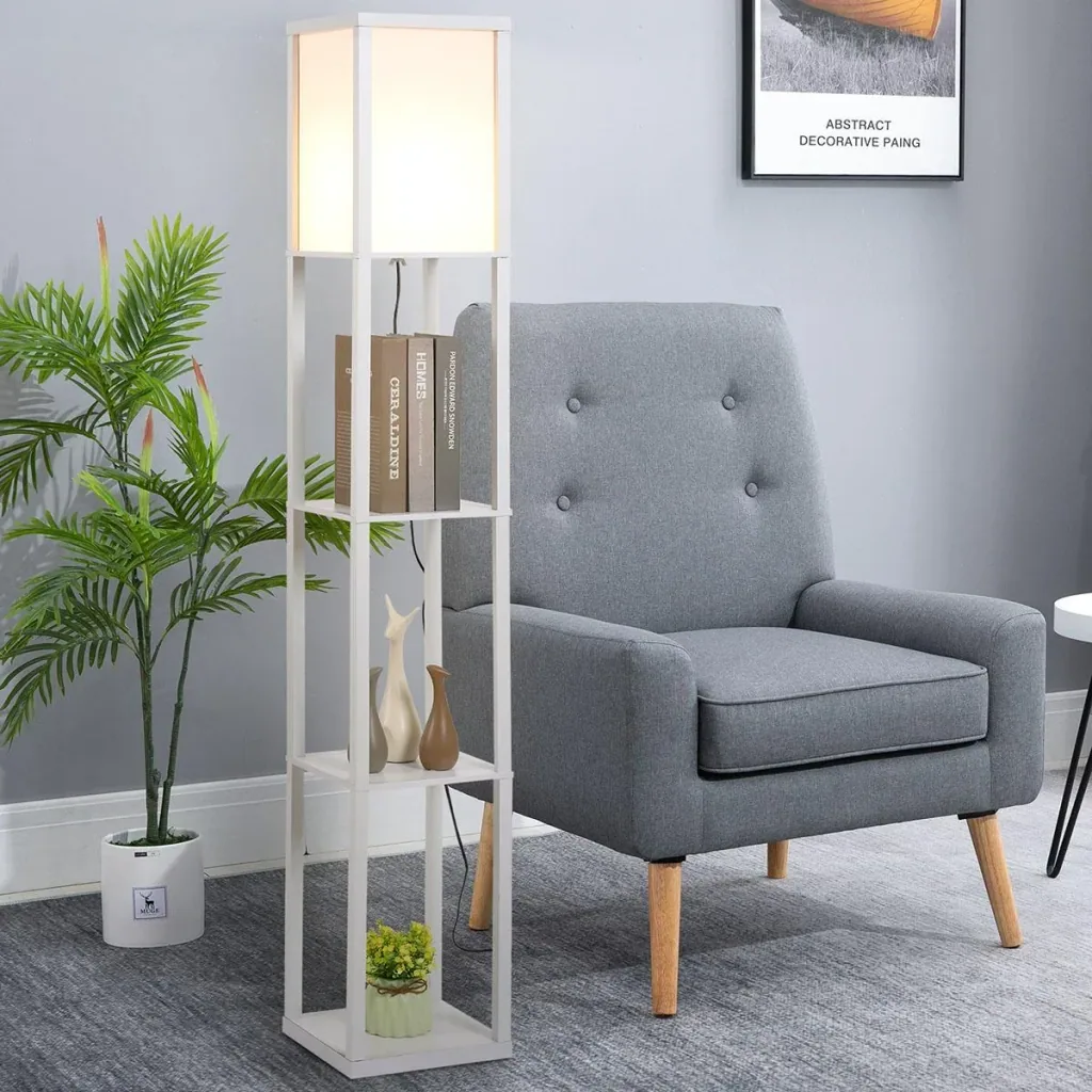 Floor lamp with 3 shelves, interior lighting E27 up to 40W for living room/bedroom, E1-MDF, acrylic, white, 26 x 26 x 160