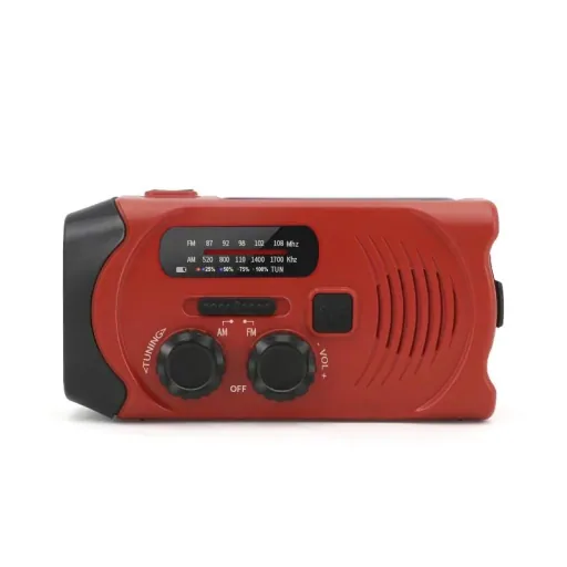 Portable solar crank radio with flashlight