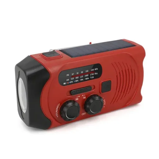 Portable solar crank radio with flashlight