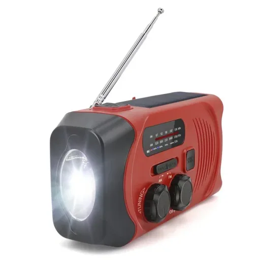 Portable solar crank radio with flashlight