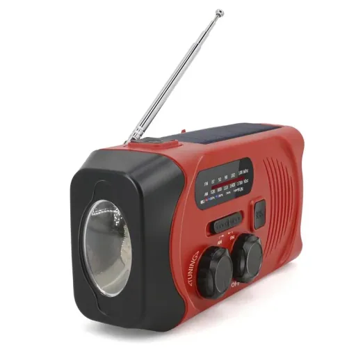 Portable solar crank radio with flashlight