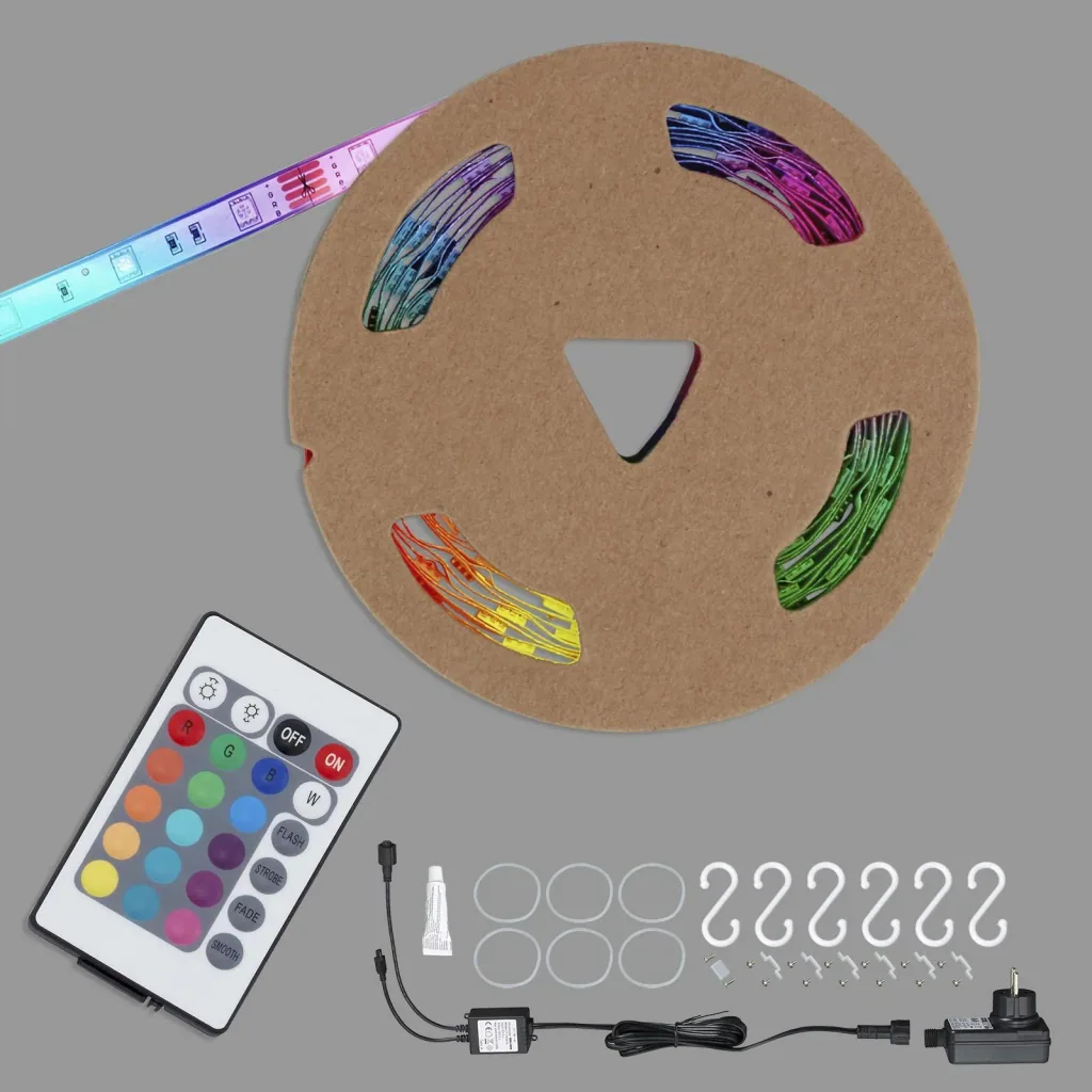 RGB LED flex strip for outdoor use, IP44, 3 m, 90 RGB LEDs, remote control