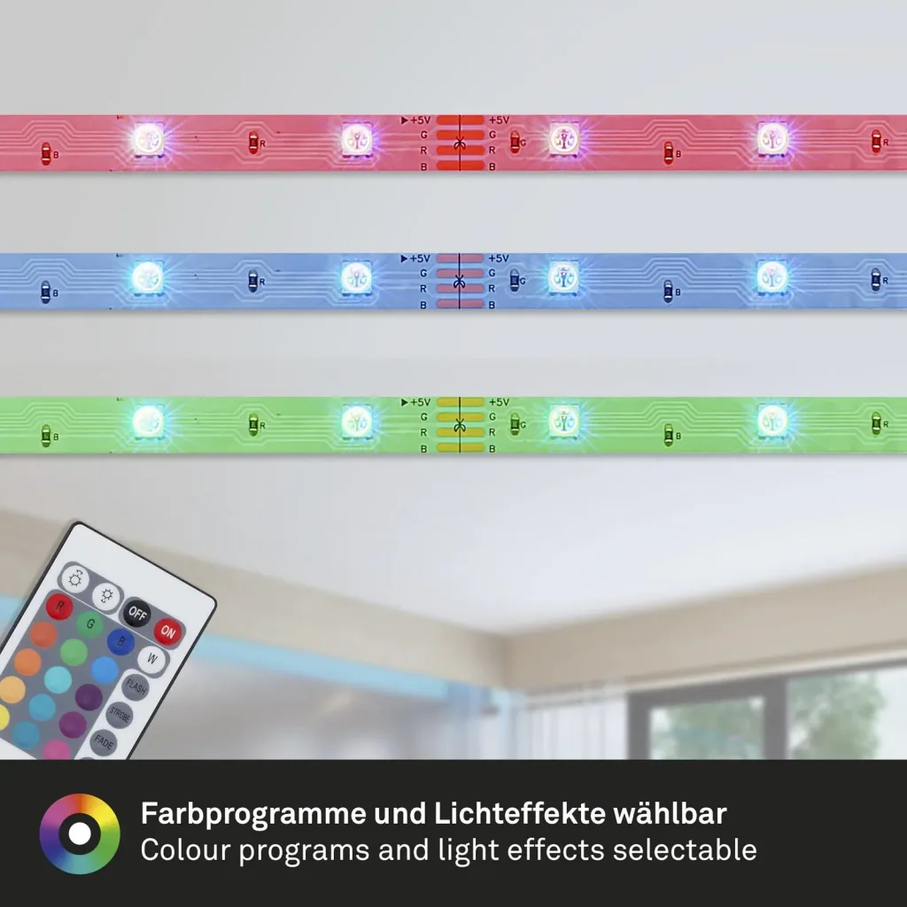 RGB LED flex strip for outdoor use, IP44, 3 m, 90 RGB LEDs, remote control