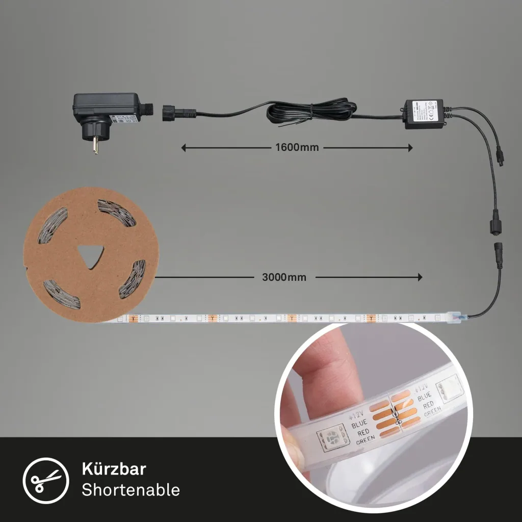 RGB LED flex strip for outdoor use, IP44, 3 m, 90 RGB LEDs, remote control