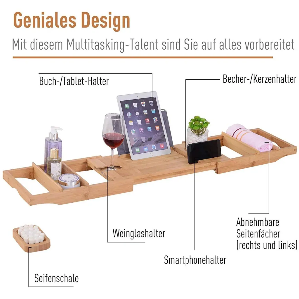 Bathtub shelf Bathtub shelf adjustable in size Bamboo Natural (73.5 108) x 17 x 5 cm