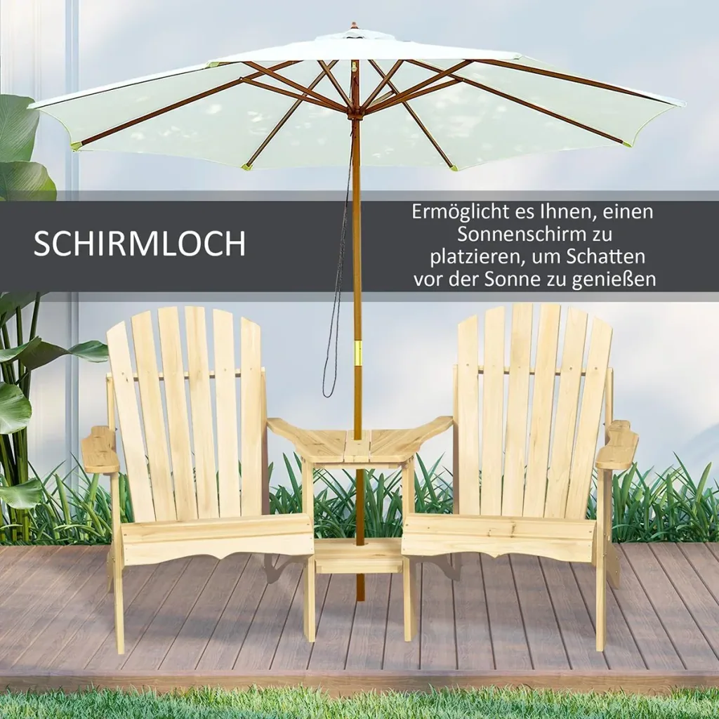 Adirondack garden chair with table and umbrella hole 2 seater garden chair seating group garden furniture for balcony solid wood natural