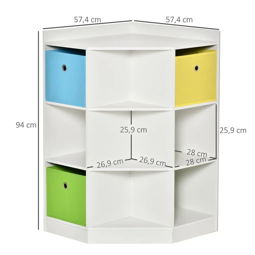 Children's shelf corner shelf with 3 storage boxes children's room toy storage for 3-12 year old children white 57.4 x 57.4 x 94 cm
