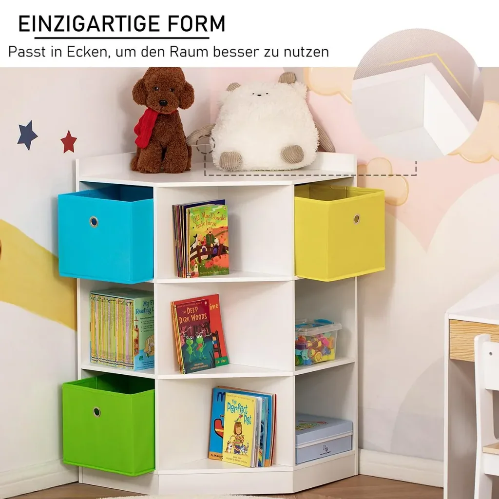 Children's shelf corner shelf with 3 storage boxes children's room toy storage for 3-12 year old children white 57.4 x 57.4 x 94 cm