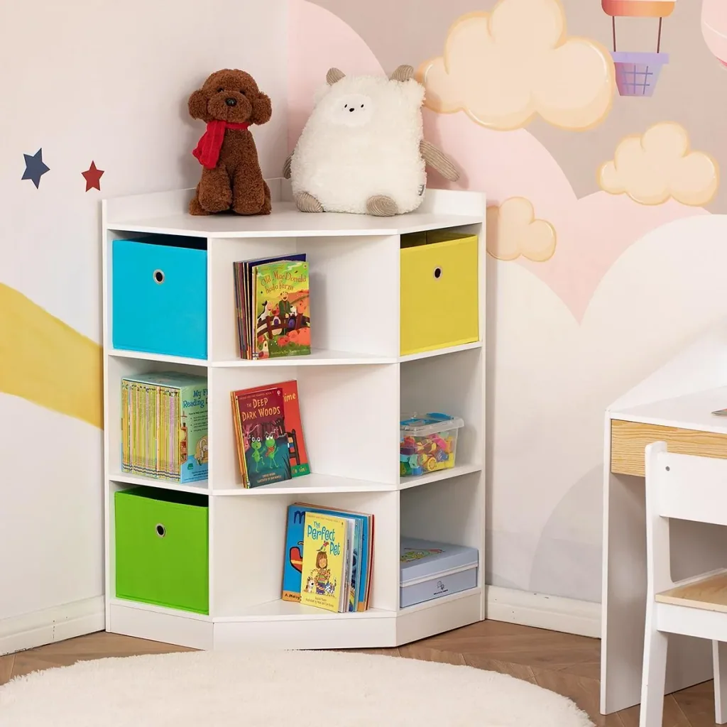 Children's shelf corner shelf with 3 storage boxes children's room toy storage for 3-12 year old children white 57.4 x 57.4 x 94 cm