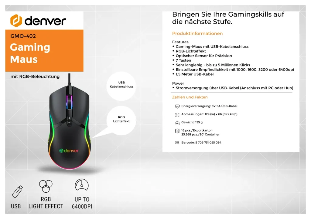 Gaming Mouse with USB and RGB light 3200 dpi