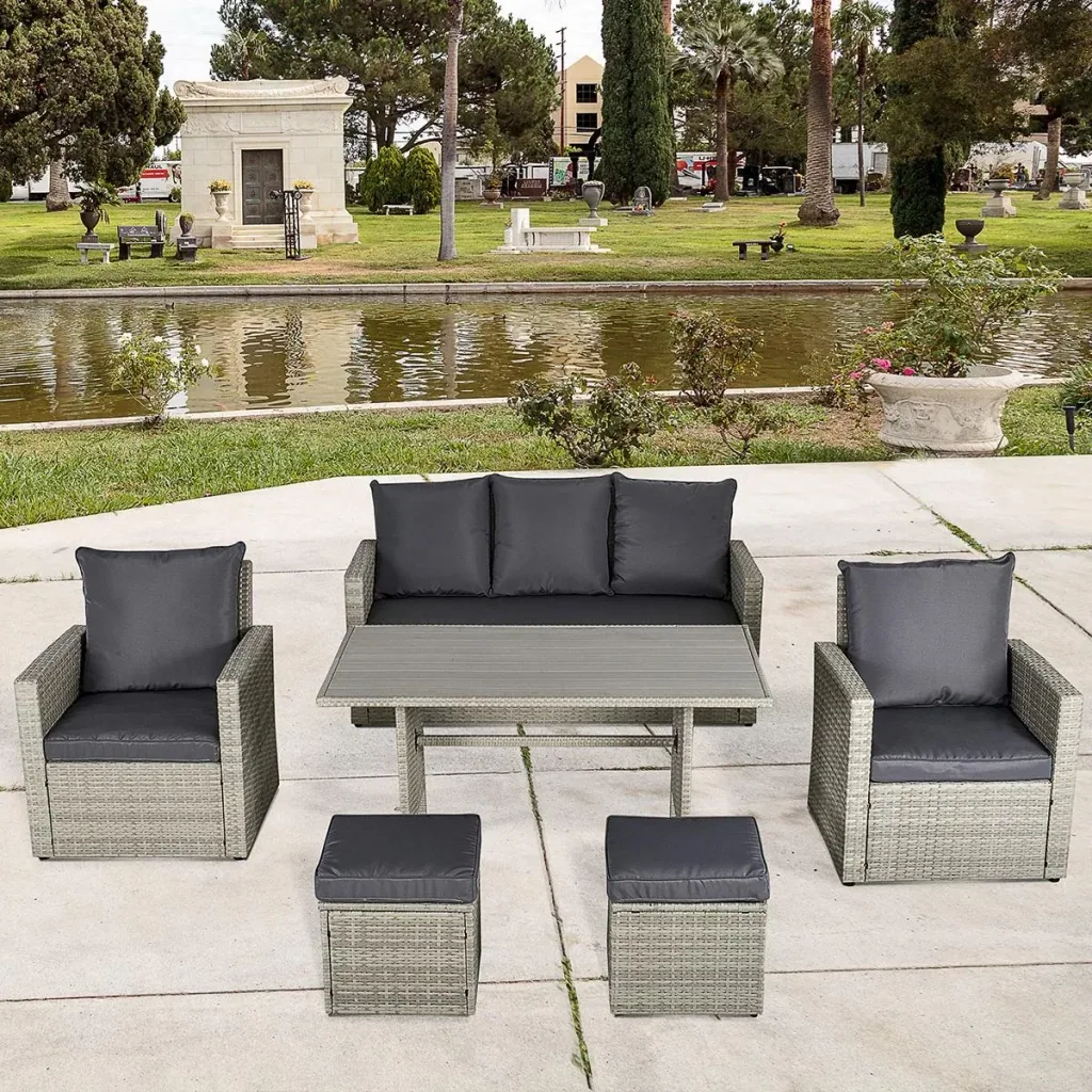 Poly rattan seating group 6 pcs. Garden dining group sofa set sofa lounge stool yard balcony pool PE rattan gray