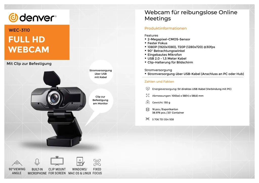 Webcam with 2 megapixel sensor, built-in microphone and monitor clip