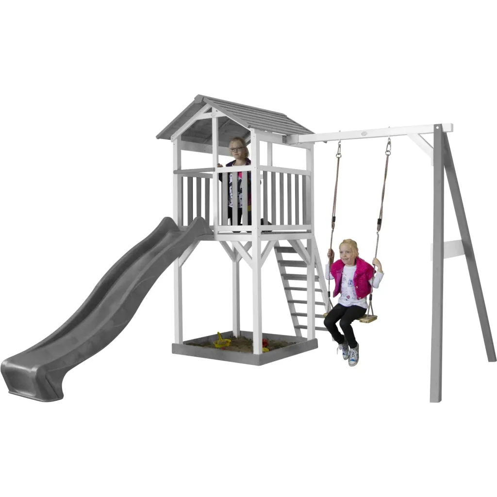 Beach Tower play tower with single swing - grey slide