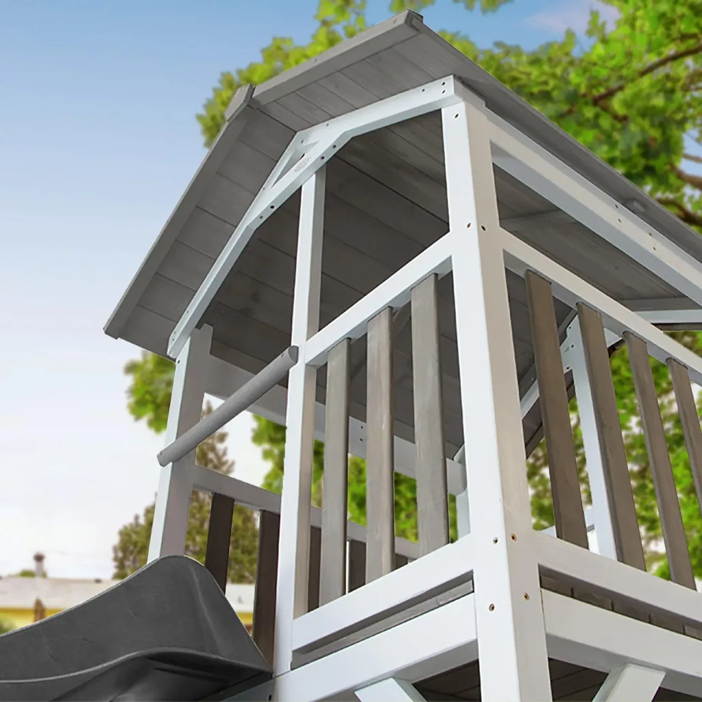 Beach Tower play tower with single swing - grey slide