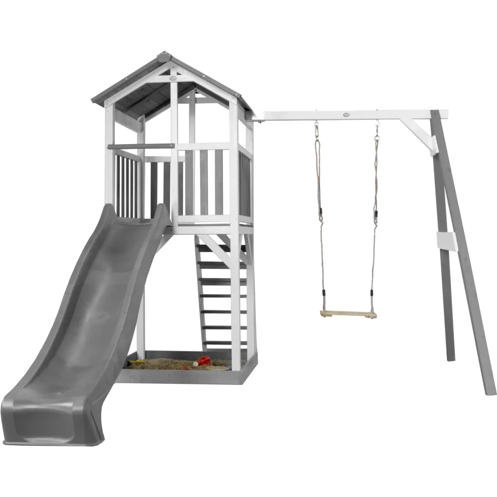 Beach Tower play tower with single swing - grey slide
