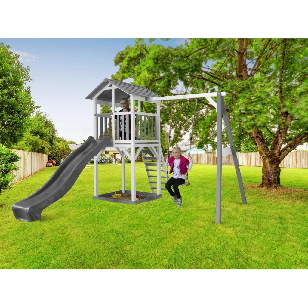 Beach Tower play tower with single swing - grey slide