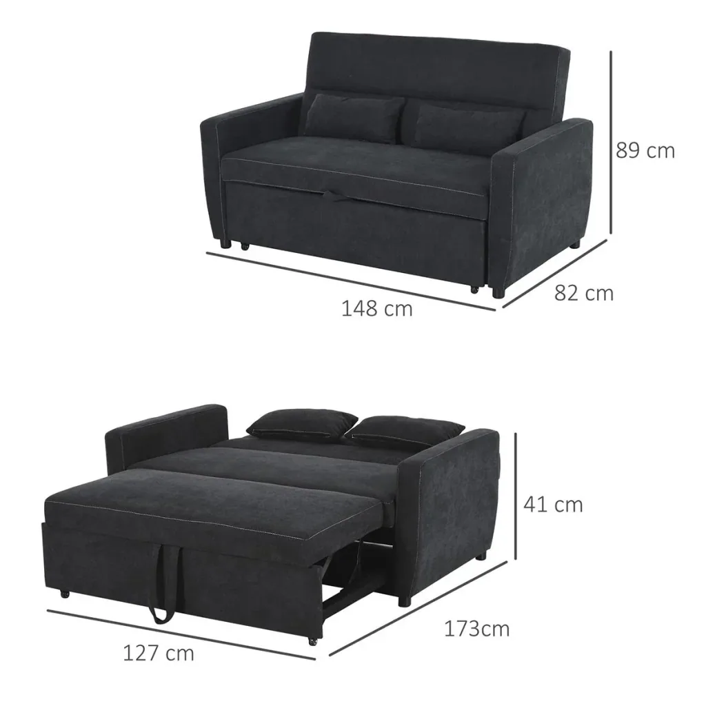 Sofa bed, folding sofa, 2-seater fabric sofa, adjustable angle, dark grey, 148 x 82 x 89 cm