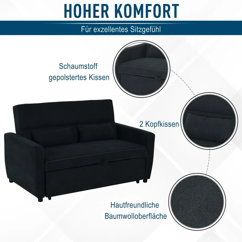 Sofa bed, folding sofa, 2-seater fabric sofa, adjustable angle, dark grey, 148 x 82 x 89 cm