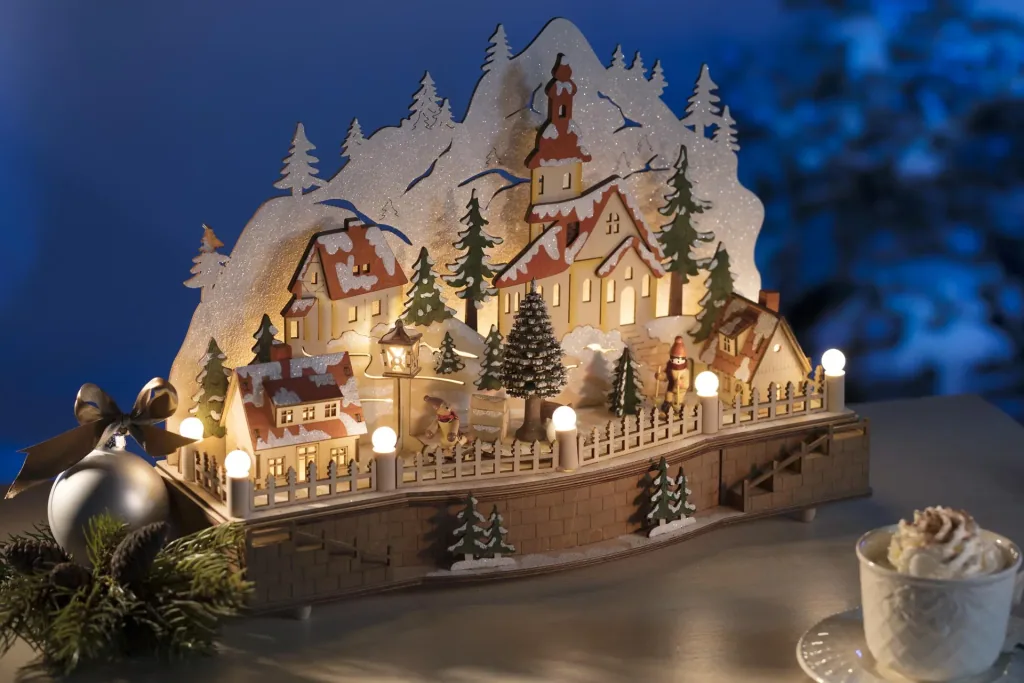 LED wooden lamp village square with music box