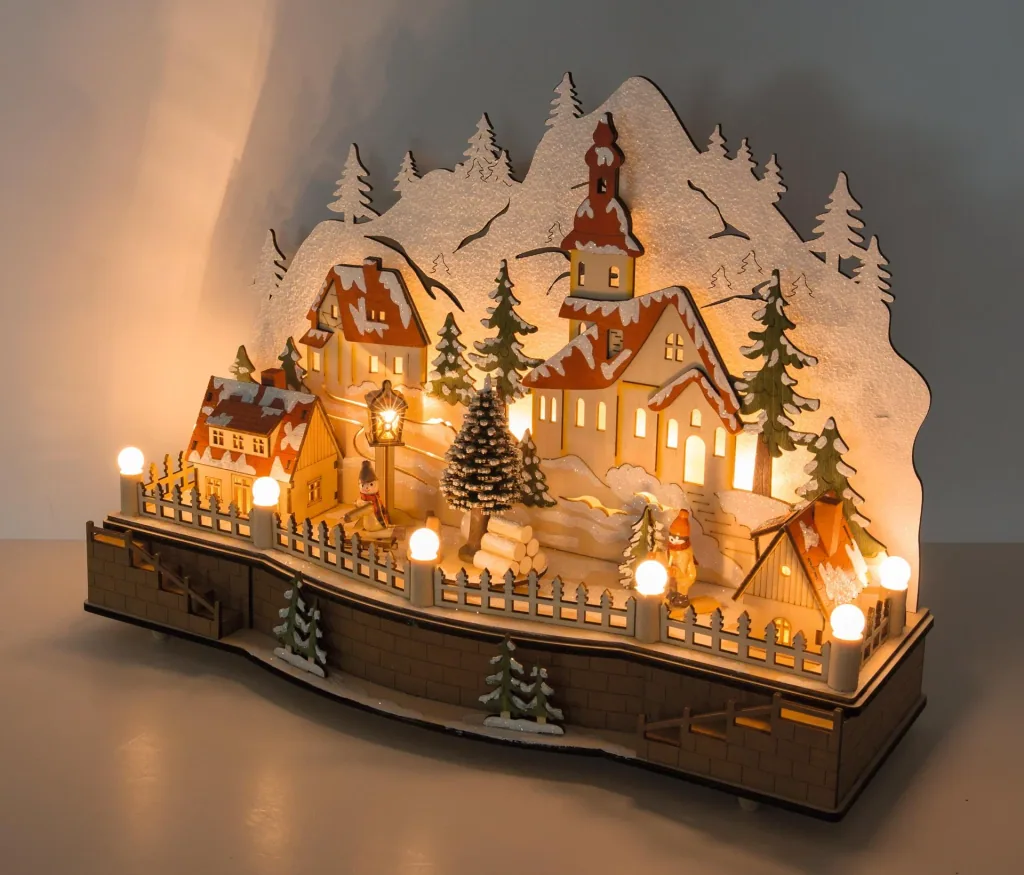 LED wooden lamp village square with music box