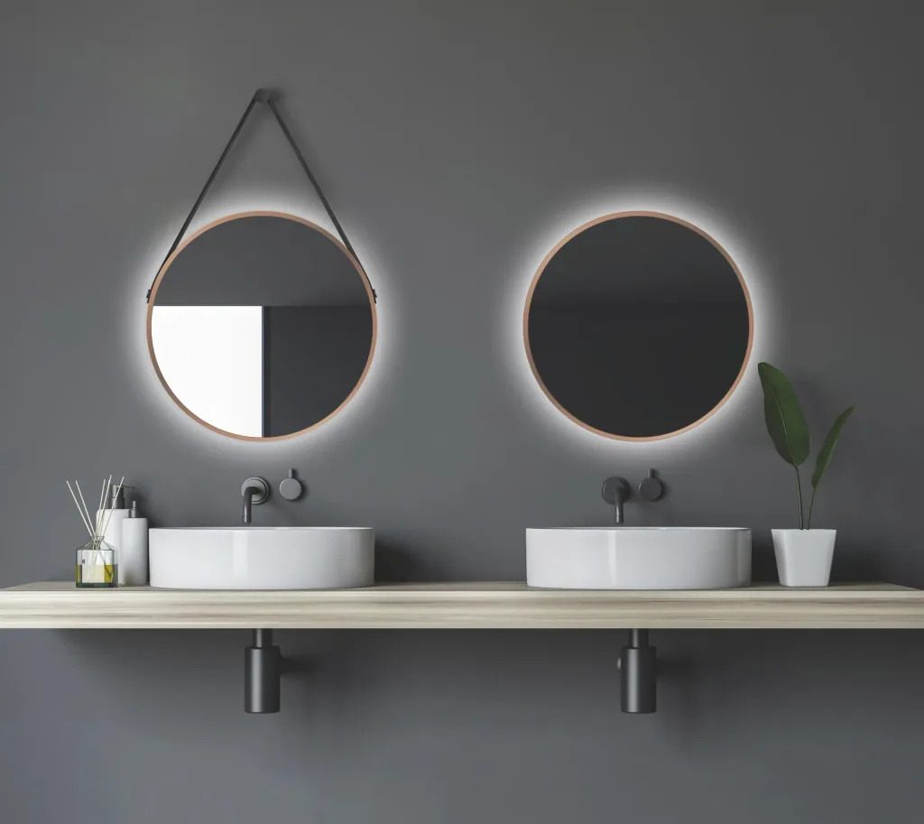 Decorative round wall mirror with indirect LED lighting in matt copper Ø 50 cm