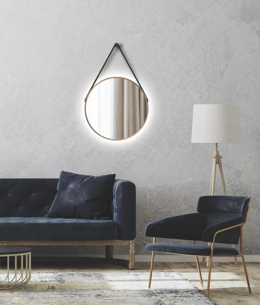 Decorative round wall mirror with indirect LED lighting in matt copper Ø 50 cm
