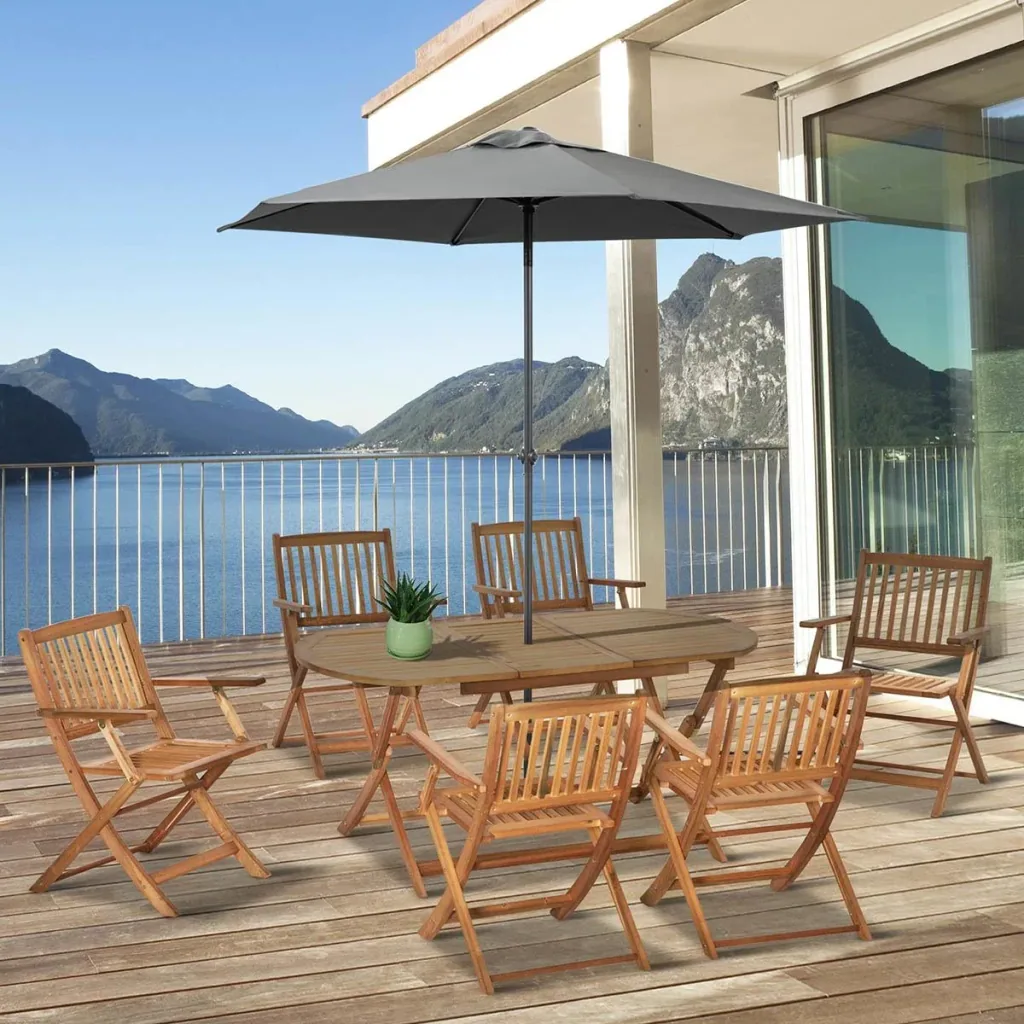 7-piece garden furniture set with parasol opening in the table, poplar wood, teak color