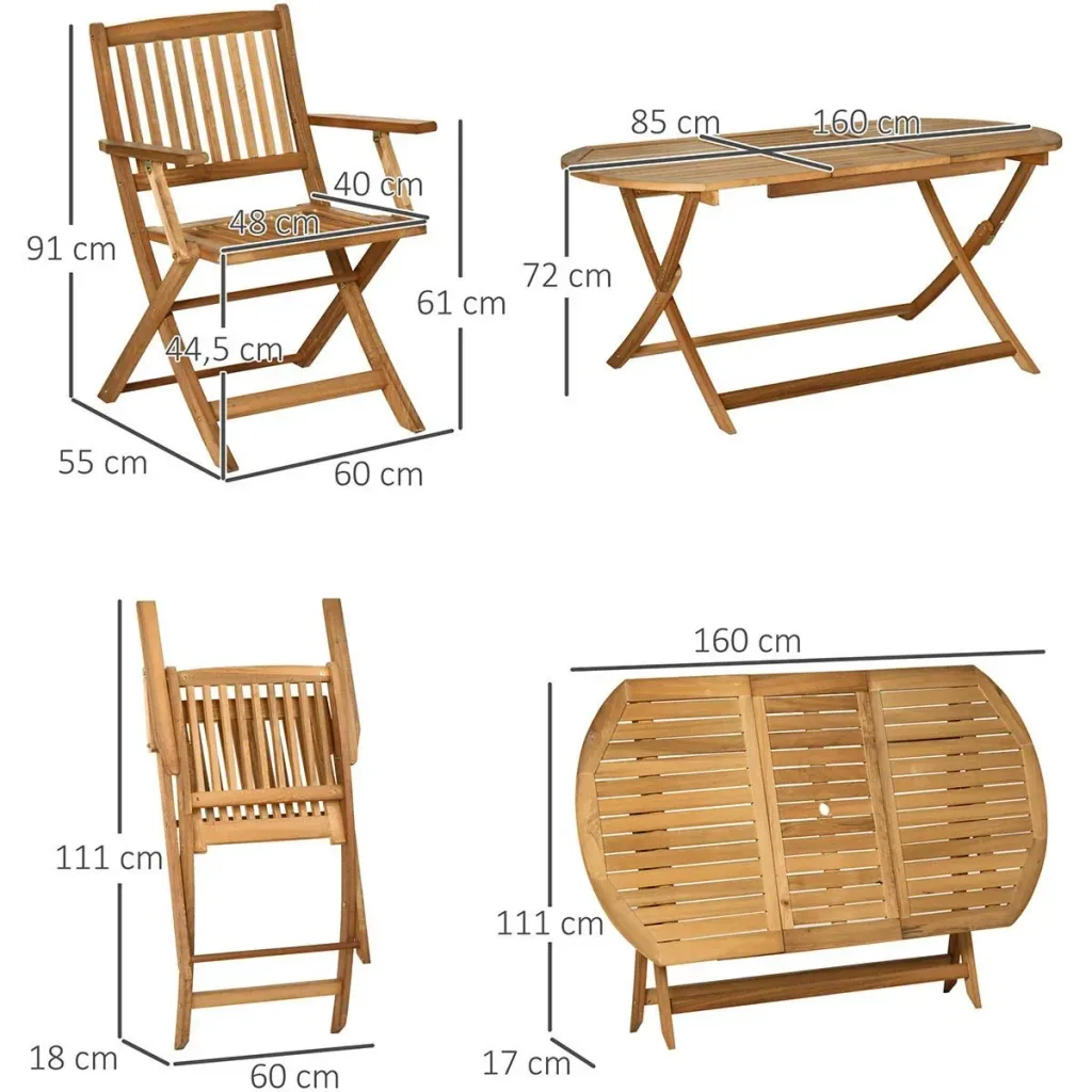 7-piece garden furniture set with parasol opening in the table, poplar wood, teak color