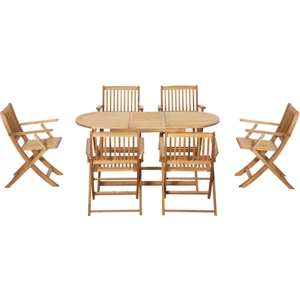 7-piece garden furniture set with parasol opening in the table, poplar wood, teak color