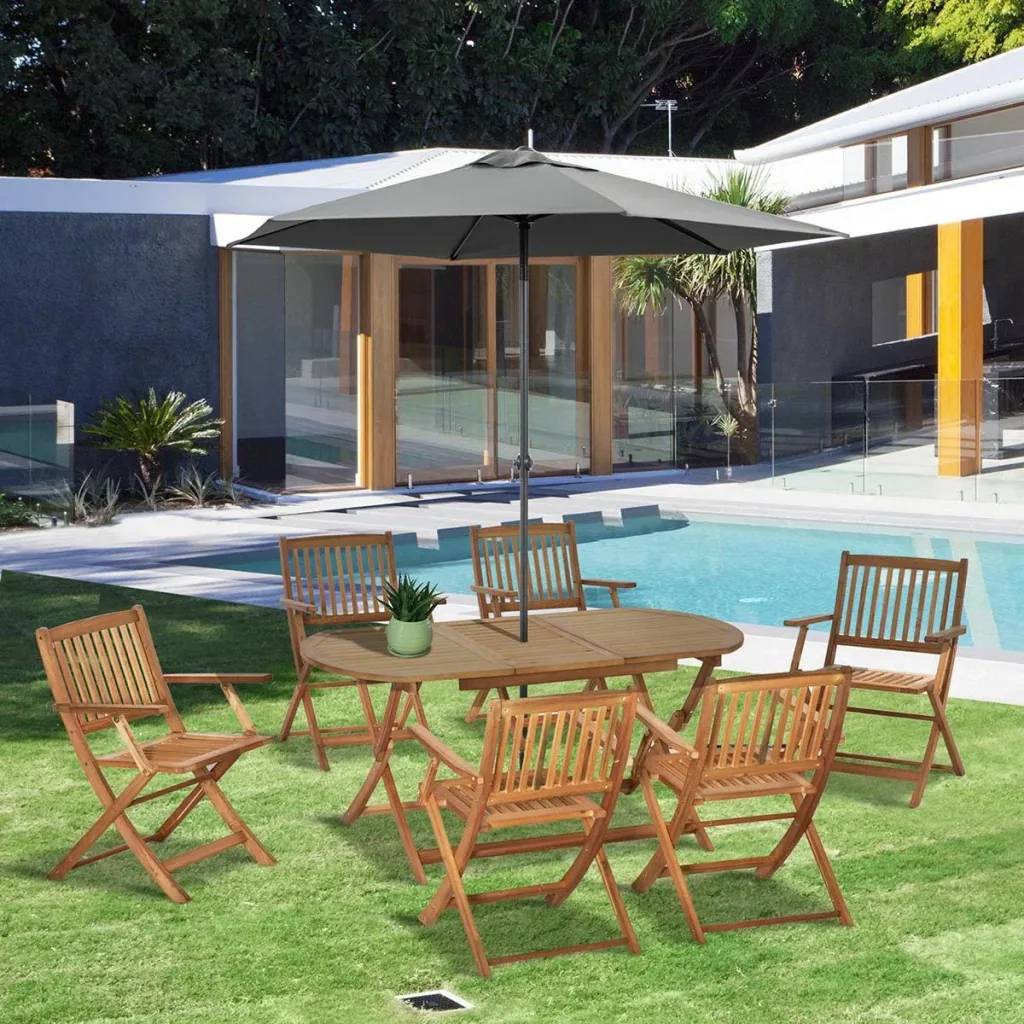7-piece garden furniture set with parasol opening in the table, poplar wood, teak color