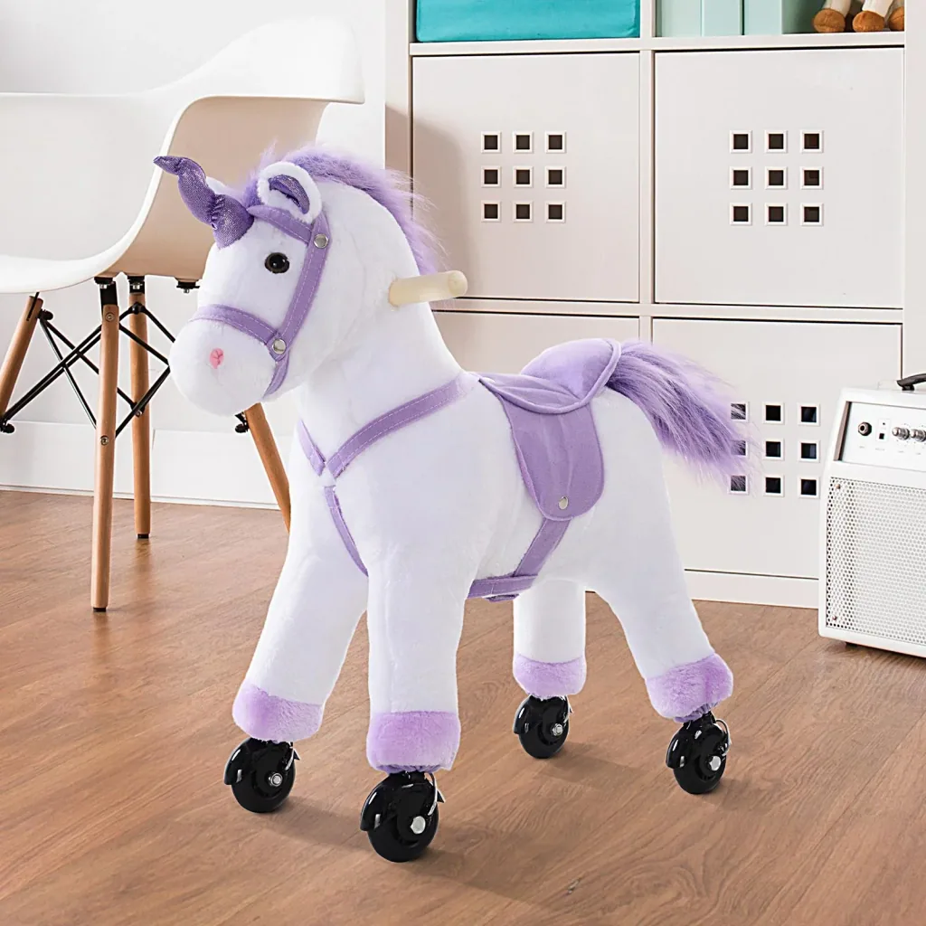 Plush unicorn on wheels