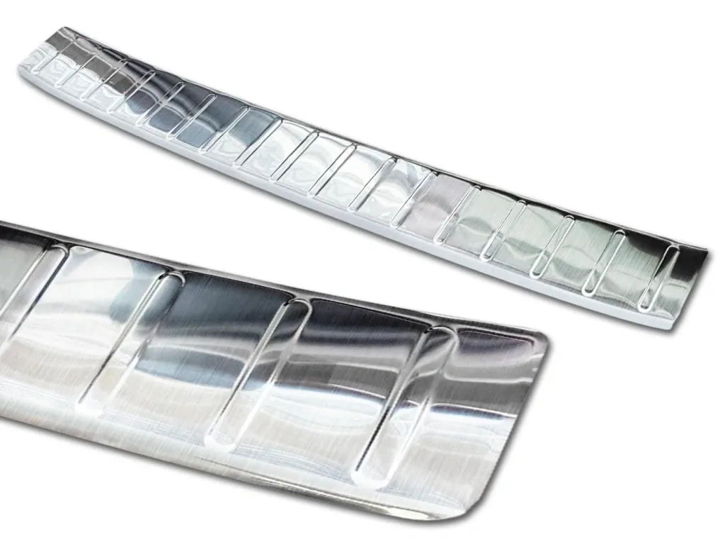 Stainless steel loading sill protector, VW T-CROSS, 2018>. OEM quality with soft, deburred edges.