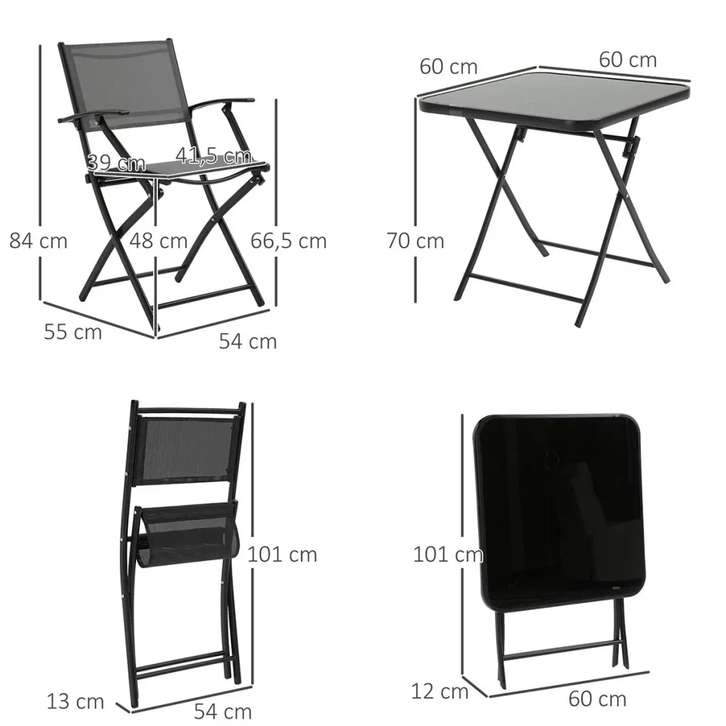 Folding seating group 3-piece balcony set balcony furniture 1 table + 2 chairs garden furniture set seating set metal mesh black + gray