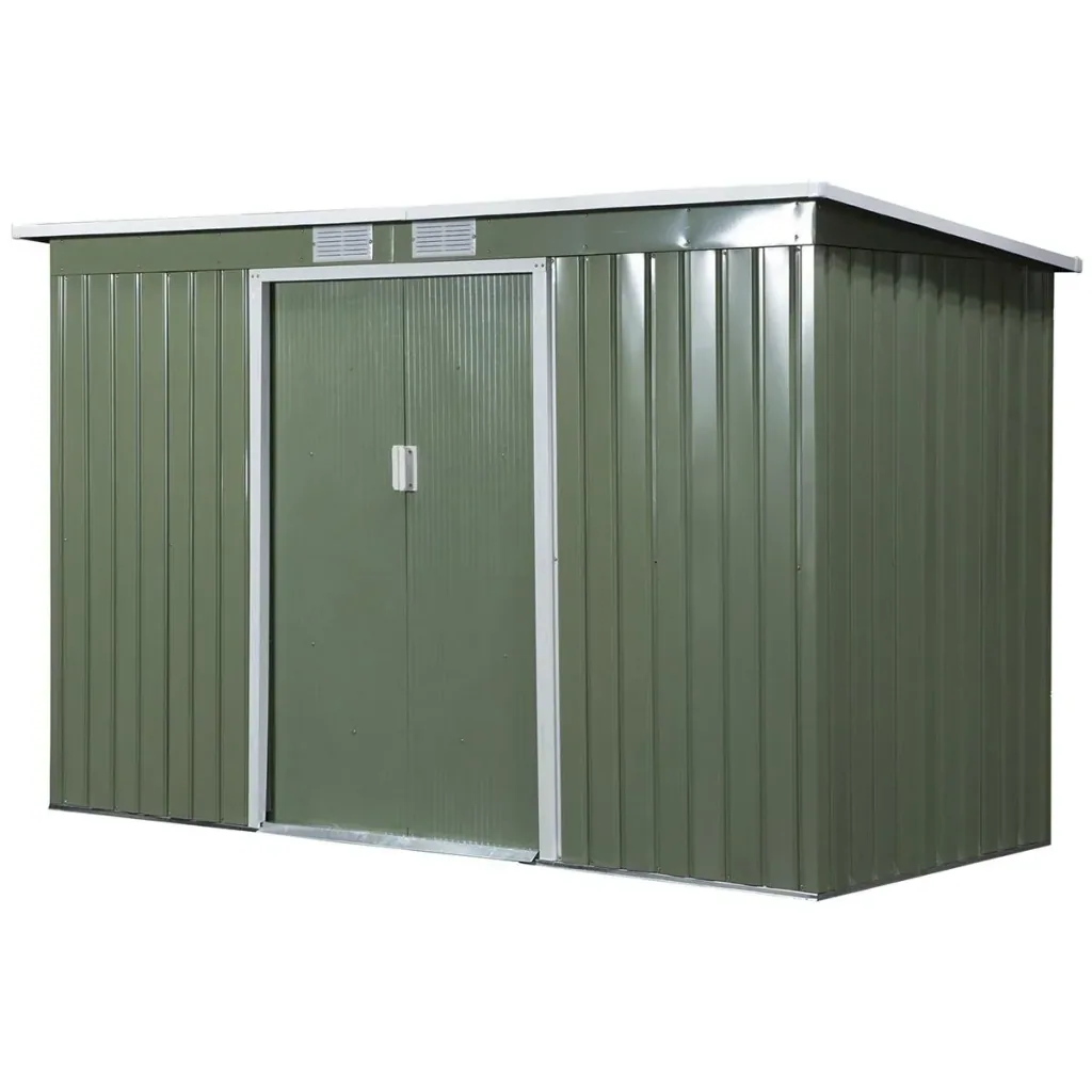 Tool shed, garden house, tool shed with sliding door, ventilation window, pent roof, outdoor, steel, light green, 277 x 130 x