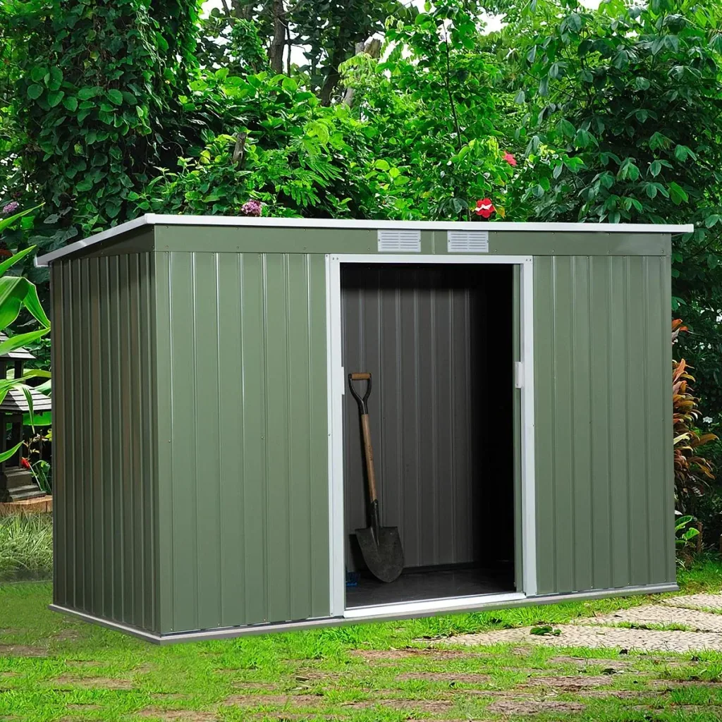 Tool shed, garden house, tool shed with sliding door, ventilation window, pent roof, outdoor, steel, light green, 277 x 130 x