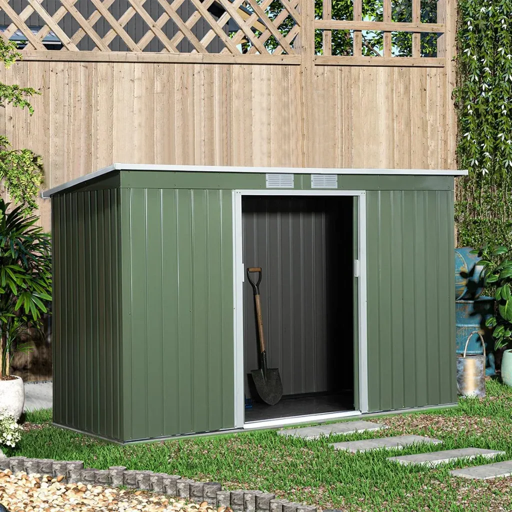 Tool shed, garden house, tool shed with sliding door, ventilation window, pent roof, outdoor, steel, light green, 277 x 130 x