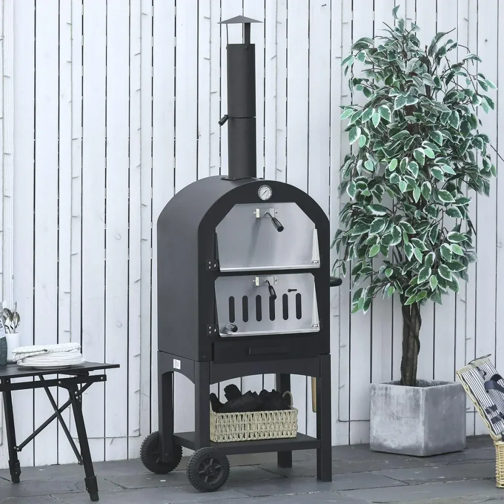 2-in-1 outdoor pizza oven with wheels, 3-tier wood-fired oven for BBQ, steel, black and silver, 63 x 54 x 161 cm