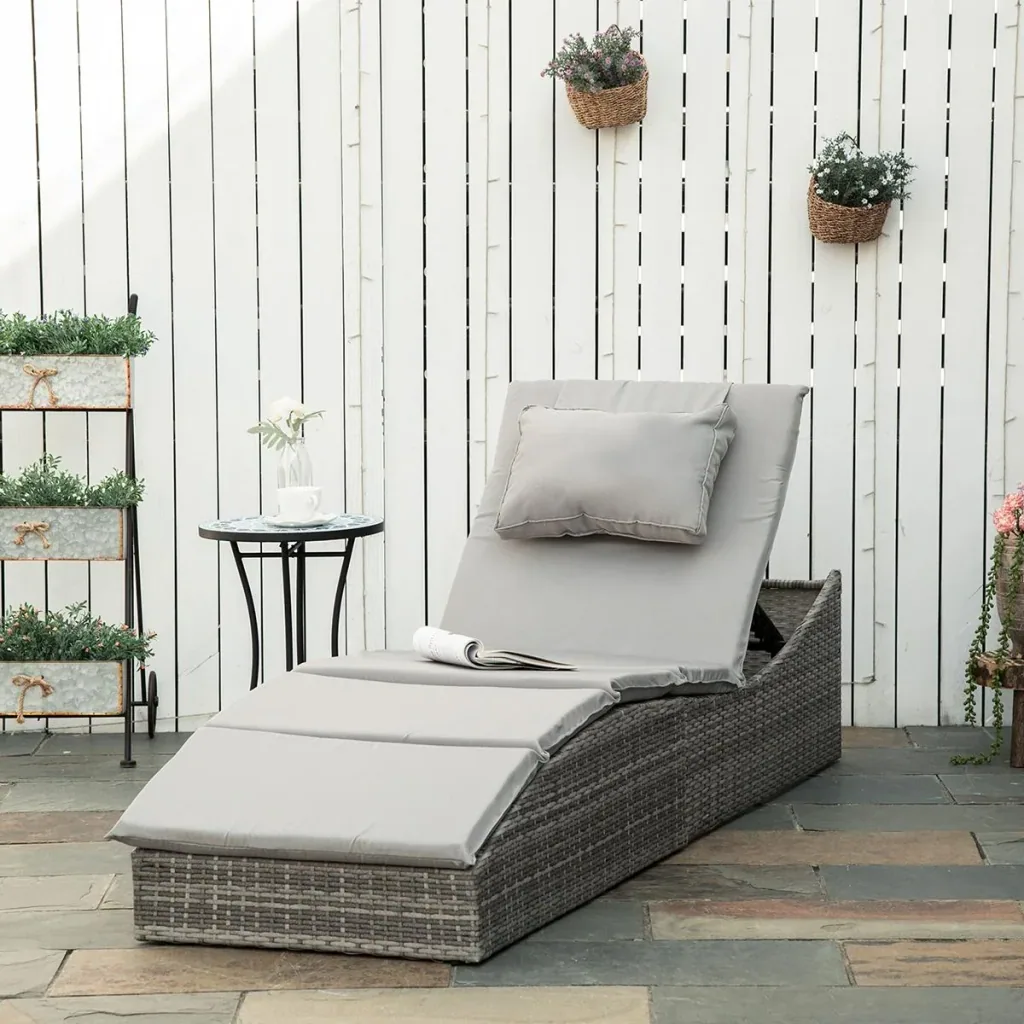 Foldable lounger in rattan look, light grey, 200 x 60 x 40 cm