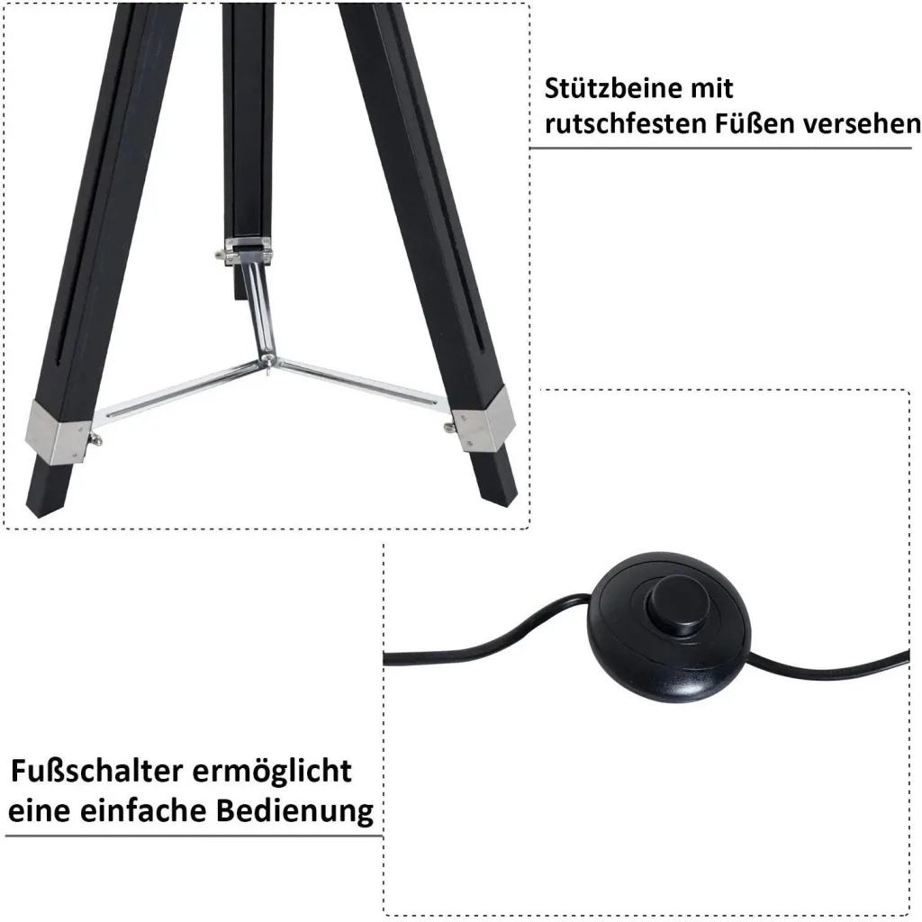 Floor lamp tripod floor lamp height adjustable 108-152cm E27 Industrial Black